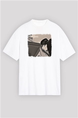 Alberta Cross Baskılı Unisex Beyaz Oversize Tişört