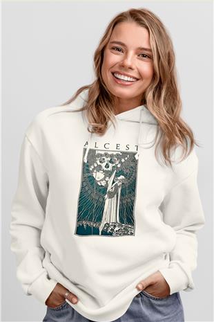 Alcest Baskılı Beyaz Unisex Kapüşonlu Sweatshirt