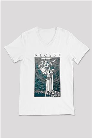 Alcest Baskılı Beyaz Unisex V Yaka Tişört - Tshirt