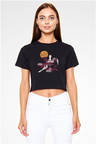Alcest Baskılı Siyah Crop Top Kadın Tişört - Tshirt