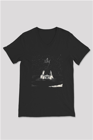 Alcest Baskılı Unisex Siyah V Yaka Tişört - Tshirt