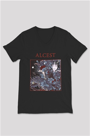 Alcest Baskılı Unisex Siyah V Yaka Tişört - Tshirt