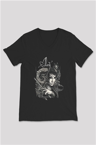 Alcest Baskılı Unisex Siyah V Yaka Tişört - Tshirt