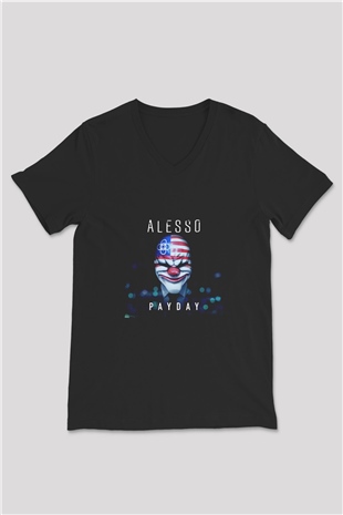 Alesso Baskılı Unisex Siyah V Yaka Tişört