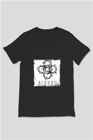 Alesso Baskılı Unisex Siyah V Yaka Tişört