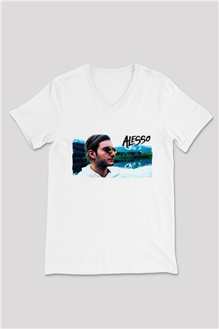 Alesso Beyaz Unisex V Yaka Tişört
