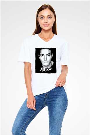 Alesso Beyaz Unisex V Yaka Tişört
