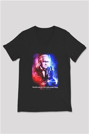 Alexander Fleming Baskılı Unisex V Yaka Siyah Tİşört - Tshirt