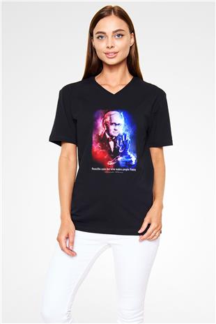 Alexander Fleming Baskılı Unisex V Yaka Siyah Tİşört - Tshirt