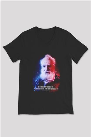 Alexander Graham Bell Alıntı Renkli Baskılı Unisex V Yaka Siyah Tİşört - Tshirt