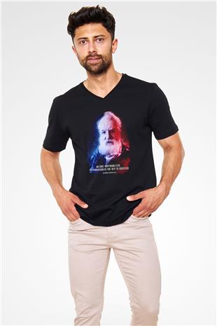 Alexander Graham Bell Alıntı Renkli Baskılı Unisex V Yaka Siyah Tİşört - Tshirt