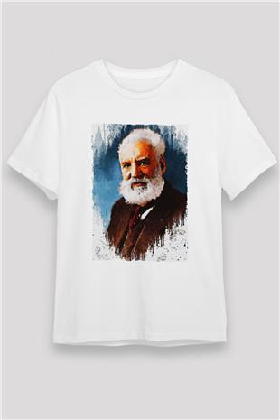 Alexander Graham Bell Baskılı Unisex Beyaz Tişört - Tshirt