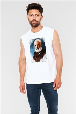 Alexander Graham Bell Baskılı Unisex Kolsuz Beyaz Tişört - Tshirt