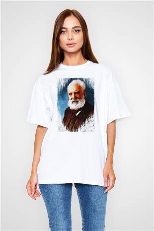 Alexander Graham Bell Baskılı Unisex Oversize Beyaz Tişört - Tshirt