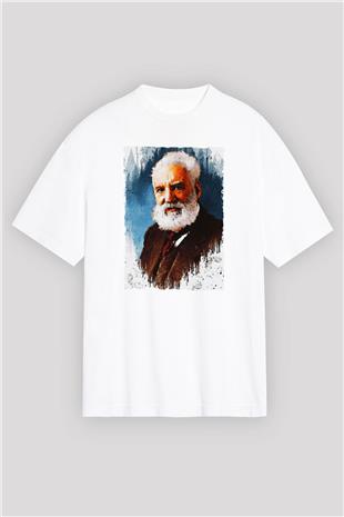 Alexander Graham Bell Baskılı Unisex Oversize Beyaz Tişört - Tshirt