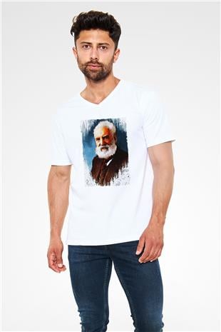 Alexander Graham Bell Baskılı Unisex V Yaka Beyaz Tişört - Tshirt