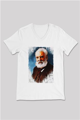 Alexander Graham Bell Baskılı Unisex V Yaka Beyaz Tişört - Tshirt