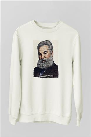 Alexander Graham Bell Yazılı Portre Baskılı Unisex Ekru Sweatshirt