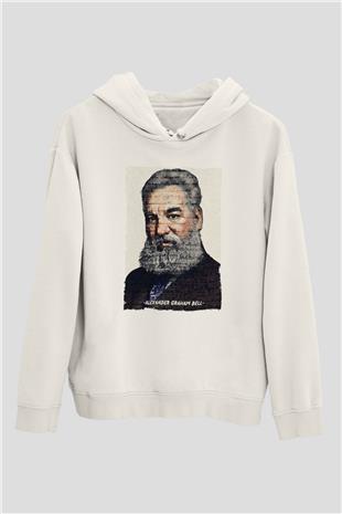 Alexander Graham Bell Yazılı Portre Baskılı Unisex Ekru Hoodie