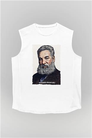 Alexander Graham Bell Yazılı Portre Baskılı Unisex Kolsuz Beyaz Tişört - Tshirt