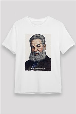 Alexander Graham Bell Yazılı Portre Baskılı Unisex Beyaz Tişört - Tshirt