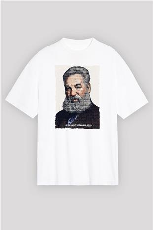 Alexander Graham Bell Yazılı Portre Baskılı Unisex Oversize Beyaz Tişört - Tshirt