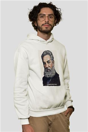 Alexander Graham Bell Yazılı Portre Baskılı Unisex Ekru Hoodie