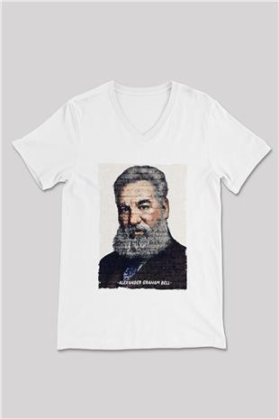 Alexander Graham Bell Yazılı Portre Baskılı Unisex V Yaka Beyaz Tişört - Tshirt