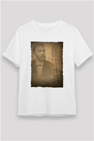 Alfred Nobel Baskılı Unisex Beyaz Tişört - Tshirt