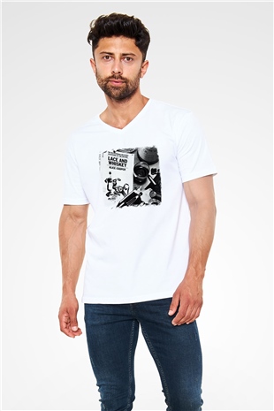 Alice Cooper Baskılı Unisex Beyaz V Yaka Tişört