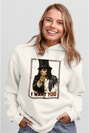 Alice Cooper Beyaz Unisex Kapşonlu Sweatshirt