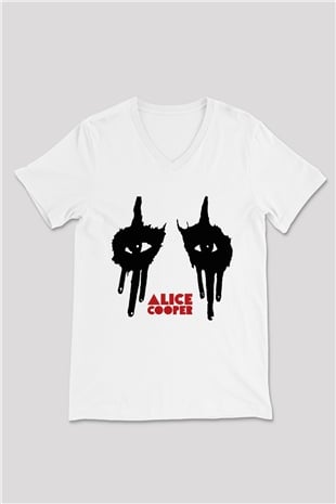 Alice Cooper Beyaz Unisex V Yaka Tişört T-Shirt