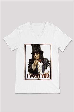 Alice Cooper Beyaz Unisex V Yaka Tişört T-Shirt