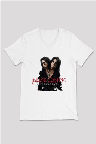 Alice Cooper Beyaz Unisex V Yaka Tişört T-Shirt