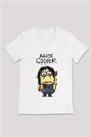 Alice Cooper Beyaz Unisex V Yaka Tişört T-Shirt