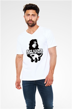 Alice Cooper Beyaz Unisex V Yaka Tişört T-Shirt