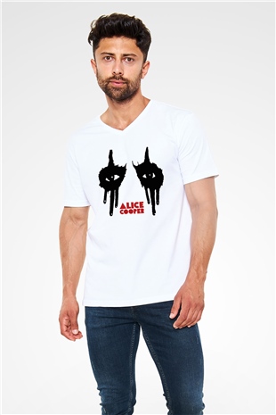 Alice Cooper Beyaz Unisex V Yaka Tişört T-Shirt