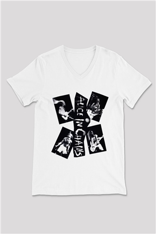 Alice in Chains Beyaz Unisex V Yaka Tişört T-Shirt