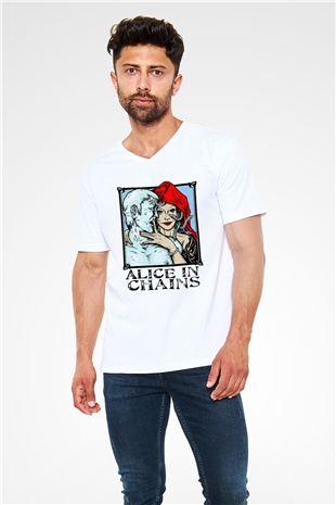 Alice in Chains Beyaz Unisex V Yaka Tişört T-Shirt