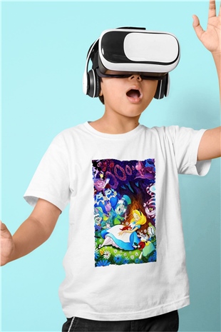 Alice in Wonderland Baskılı Beyaz Unisex Çocuk Tişört