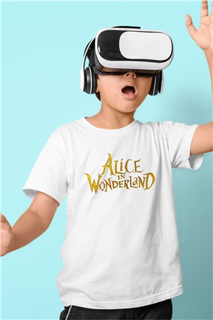 Alice in Wonderland Baskılı Beyaz Unisex Çocuk Tişört