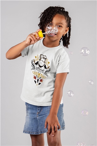 Alice in Wonderland Baskılı Beyaz Unisex Çocuk Tişört