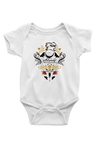 Alice in Wonderland Baskılı Beyaz Unisex Bebek Body - Zıbın