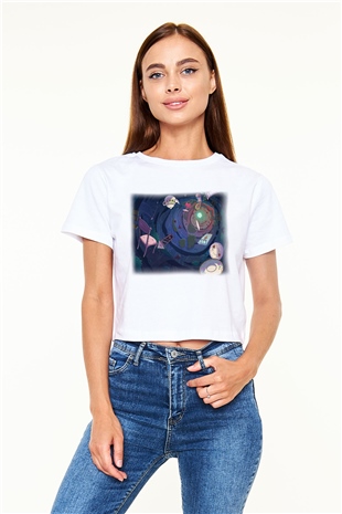 Alice in Wonderland Beyaz Croptop Tişört