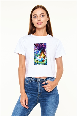 Alice in Wonderland Beyaz Croptop Tişört