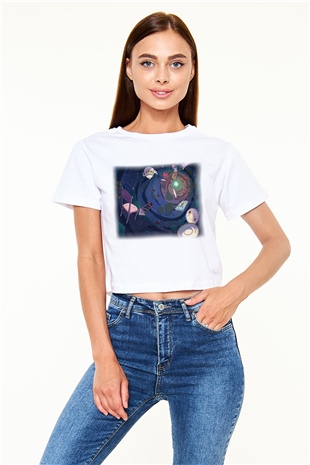 Alice in Wonderland Beyaz Croptop Tişört