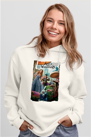Alice in Wonderland Beyaz Unisex Hoodie