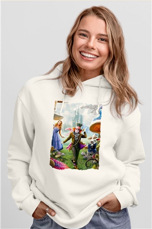 Alice in Wonderland Beyaz Unisex Hoodie
