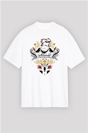 Alice in Wonderland Beyaz Unisex Oversize Tişört T-Shirt
