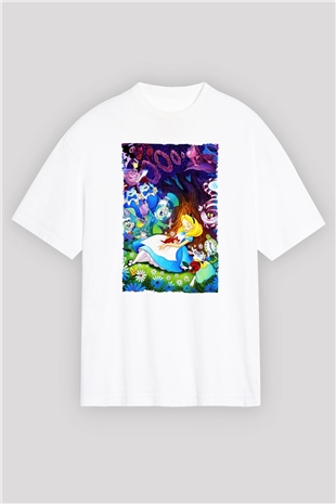 Alice in Wonderland Beyaz Unisex Oversize Tişört T-Shirt